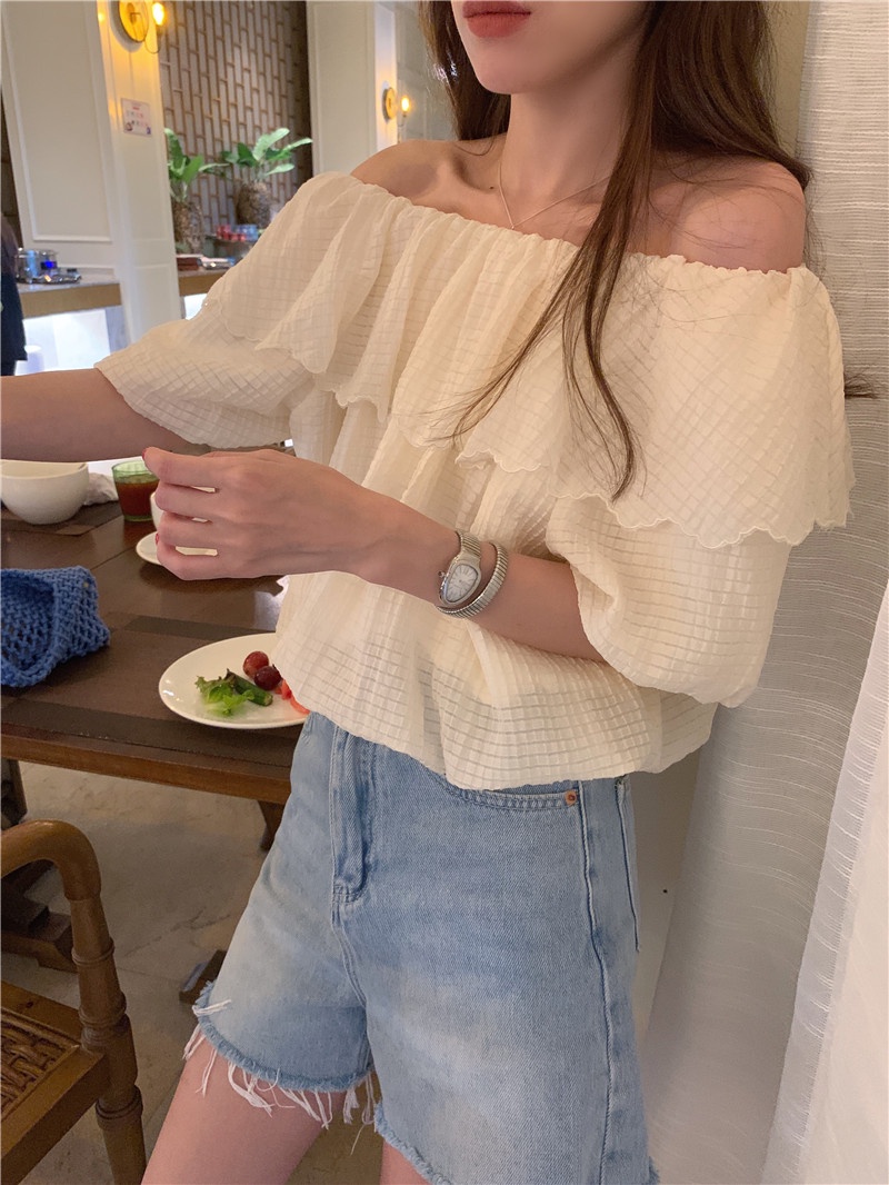 Áo Sơ Mi Ngắn Tay Cổ Phối Ren Đơn Giản Theo Phong Cách Hàn Quốc 64523