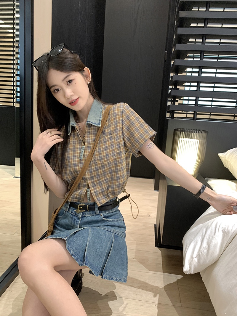 Bộ Áo Sơ Mi Ngắn Tay + Chân Váy Denim Xinh Xắn Theo Phong Cách Retro 65492