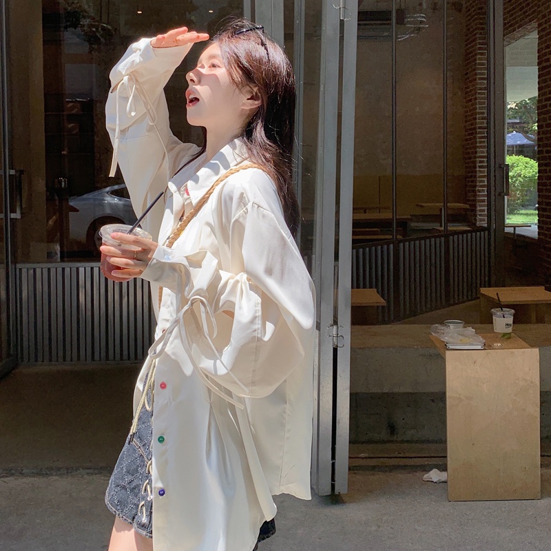 Misssumey nữ hàn quốc nút màu dài tay áo sơ mi ngoại cỡ