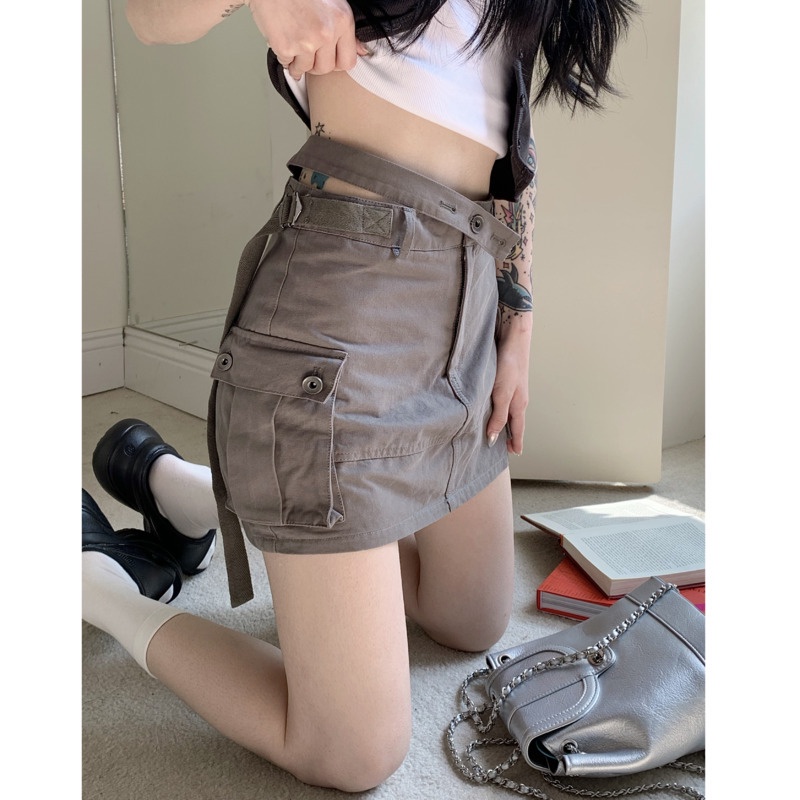 Chân Váy Lưng Cao Phối Túi RENJIANVSHENG Phong Cách Retro