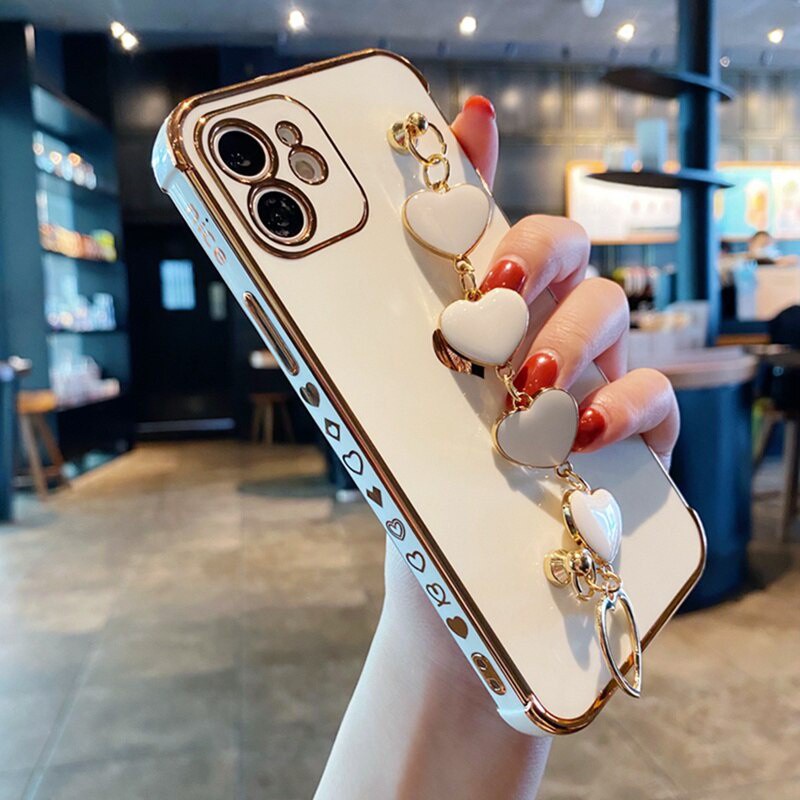 Ốp Điện Thoại Silicon Dẻo Trái Tim Gắn Dây Đeo Cổ Tay Sang Trọng IPhone 11 12 13 14 Pro Max 7 8 Plus 14Pro X Xr Xs Max Se 2020