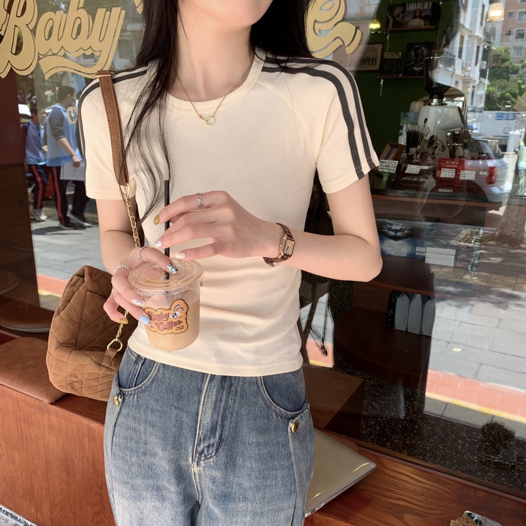 Áo Thun Tay Ngắn Dáng Ôm Màu Sắc Tương Phản Thời Trang Xuân Hè Phong Cách Hàn Quốc 63664