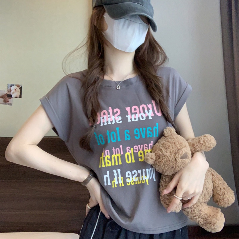 Áo Thun Tay Ngắn Dáng Rộng In Chữ Phối Màu Thời Trang Mùa Hè Cho Nữ