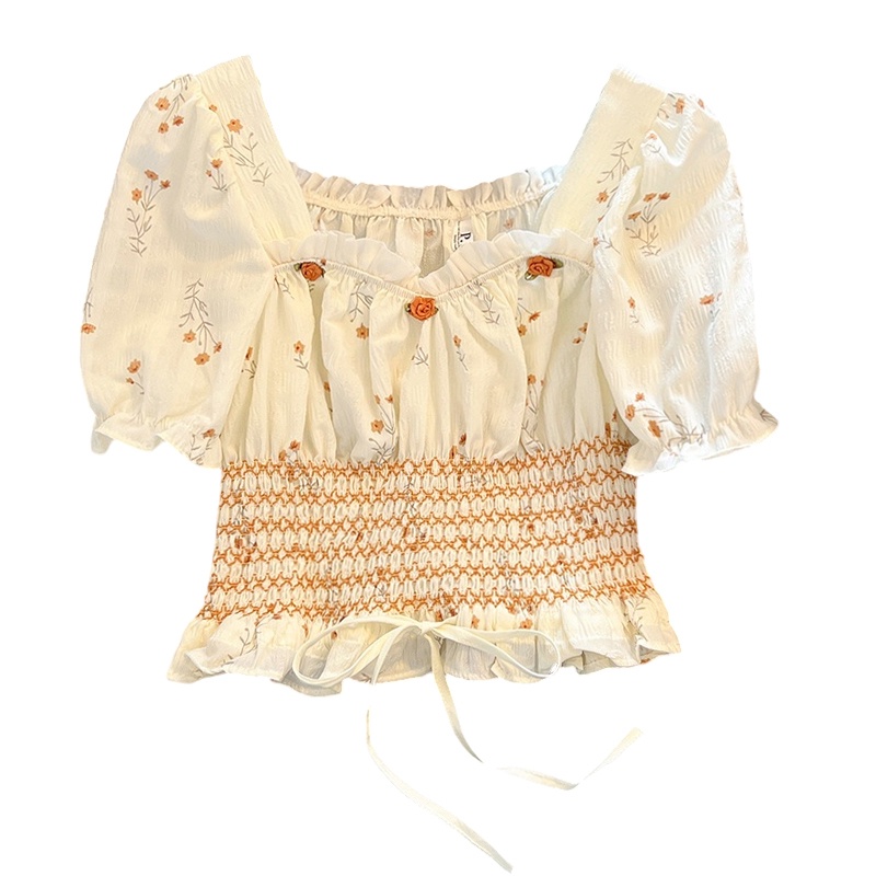 Áo Kiểu Tay Ngắn Phồng Cổ Vuông In Họa Tiết Hoa Thời Trang Mùa Hè Xinh Xắn Cho Nữ