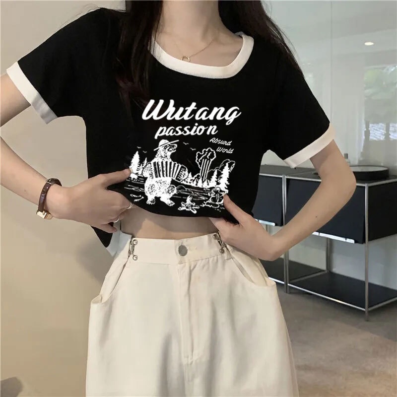 Áo Thun Ngắn Tay In Họa Tiết Màu Tương Phản Thời Trang Mùa Hè