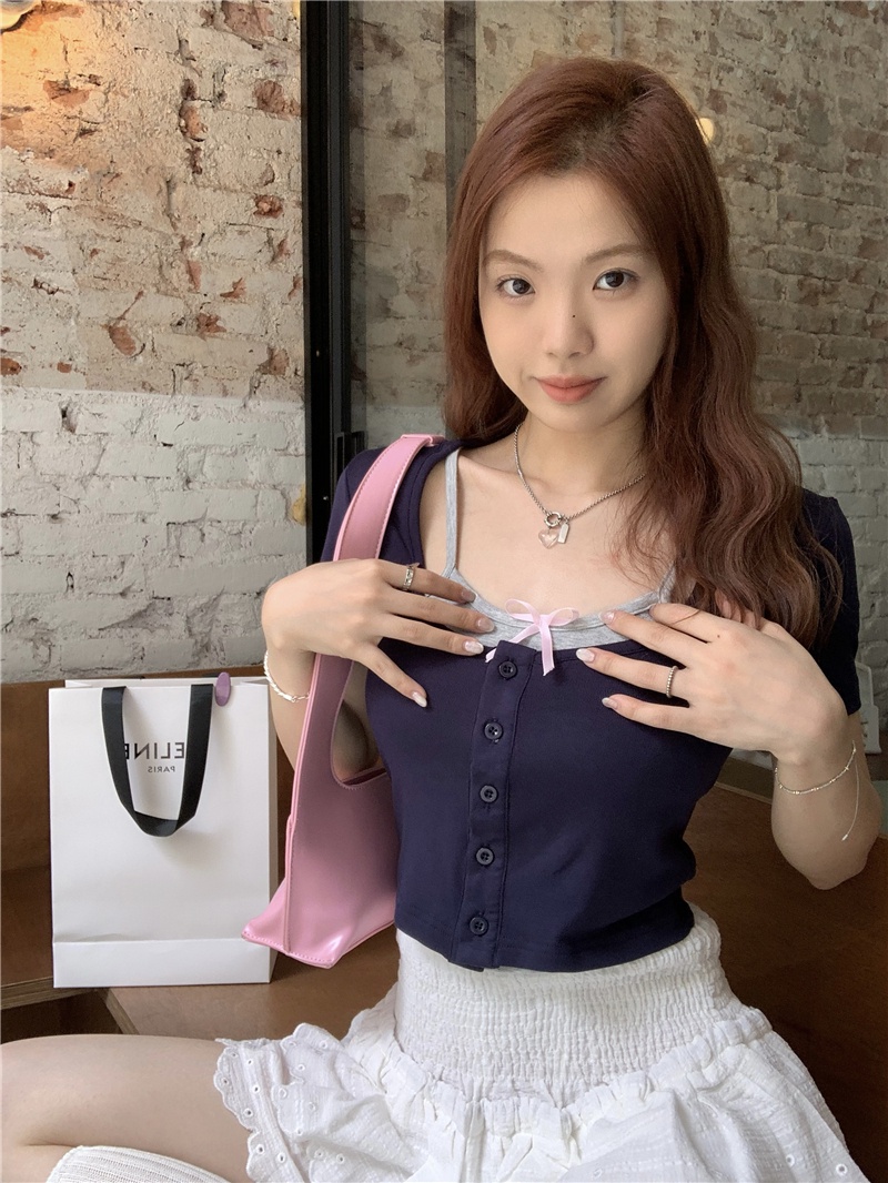 Áo Thun Ngắn Tay Phối Màu Tương Phản Giả Hai Lớp Phong Cách Mới 65711