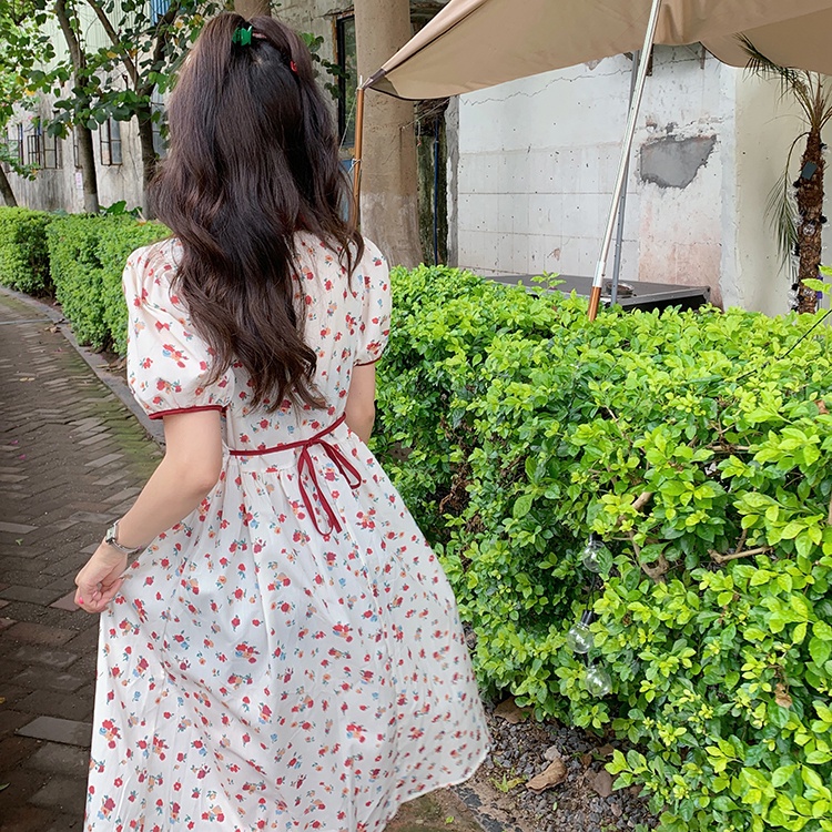 Mới Đầm MIDI Cột Dây Eo Họa Tiết Hoa Nhỏ Màu Tương Phản Xinh Xắn Thời Trang Cho Nữ