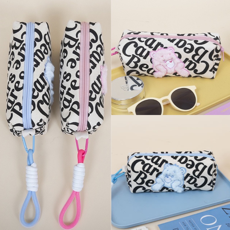 Túi Đựng Bút / Đồ Trang Điểm Bằng Vải Canvas Tay Cầm Hình Gấu Chăm Sóc Da Cho Học Sinh