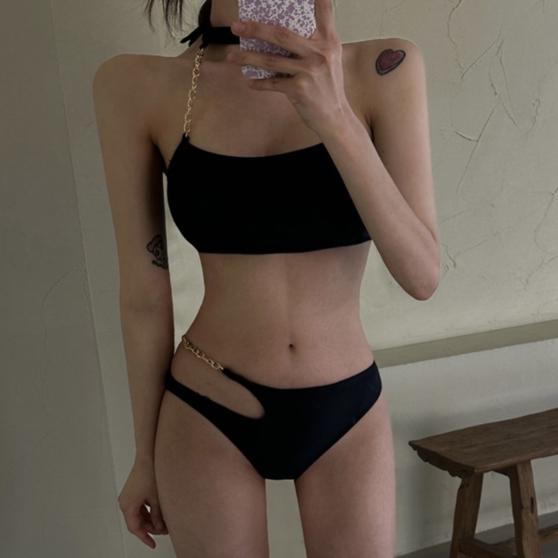 Bộ bikini Hai Mảnh Màu Đen Trơn Thời Trang Mùa Hè Hàn Quốc Cho Nữ