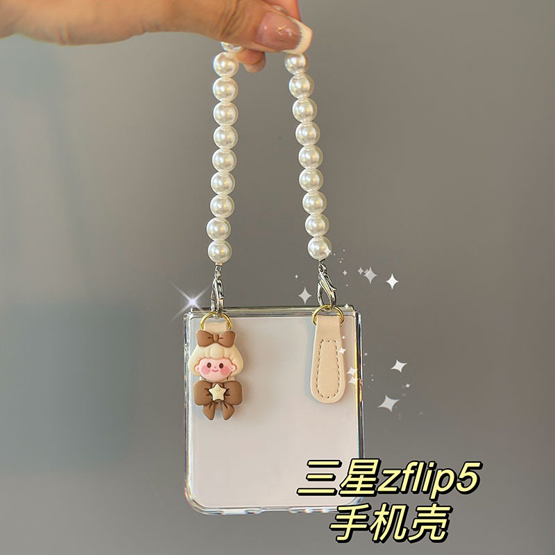 Hàn quốc trong suốt dễ thương hoạt hình gir nút da ngọc trai hộp đựng cho samsung galaxy z flip5 z flip 5 zflip 5 flip5 cover