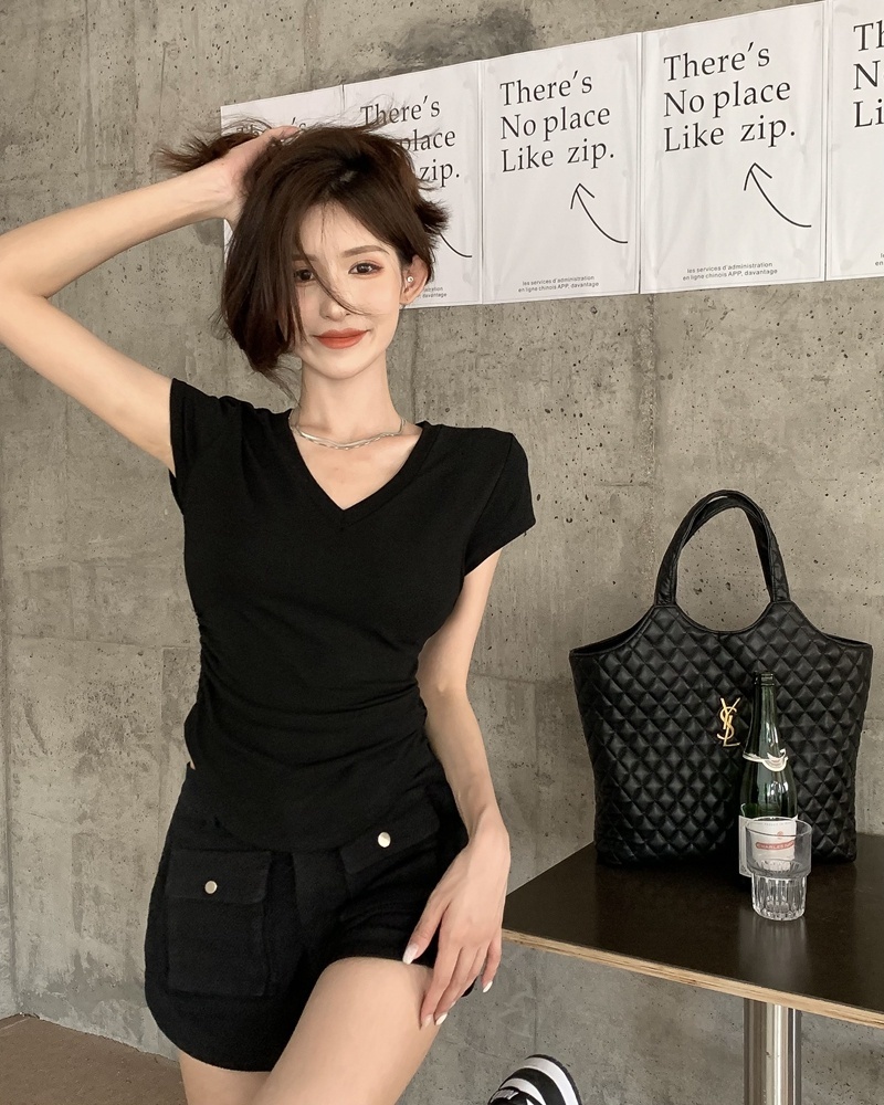 Áo Thun Ngắn Tay Cổ Chữ V Thiết Kế Dây Rút Xếp Ly Thời Trang