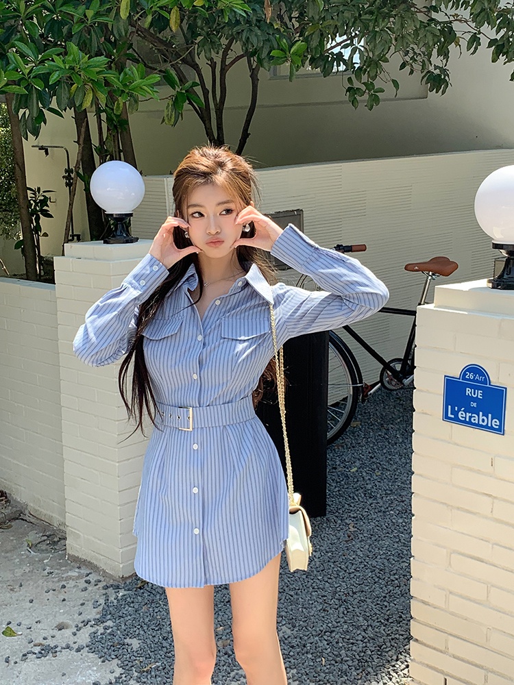 64127 Đầm Ngắn Hai Mảnh Họa Tiết Sọc Phong Cách Mới