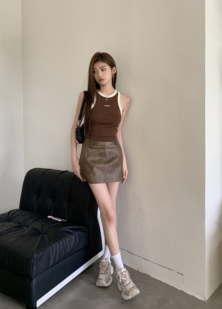 Chân Váy Ngắn Chất Liệu Da Màu Nâu Phong Cách Retro Gợi Cảm Thời Trang Mùa Hè 64575