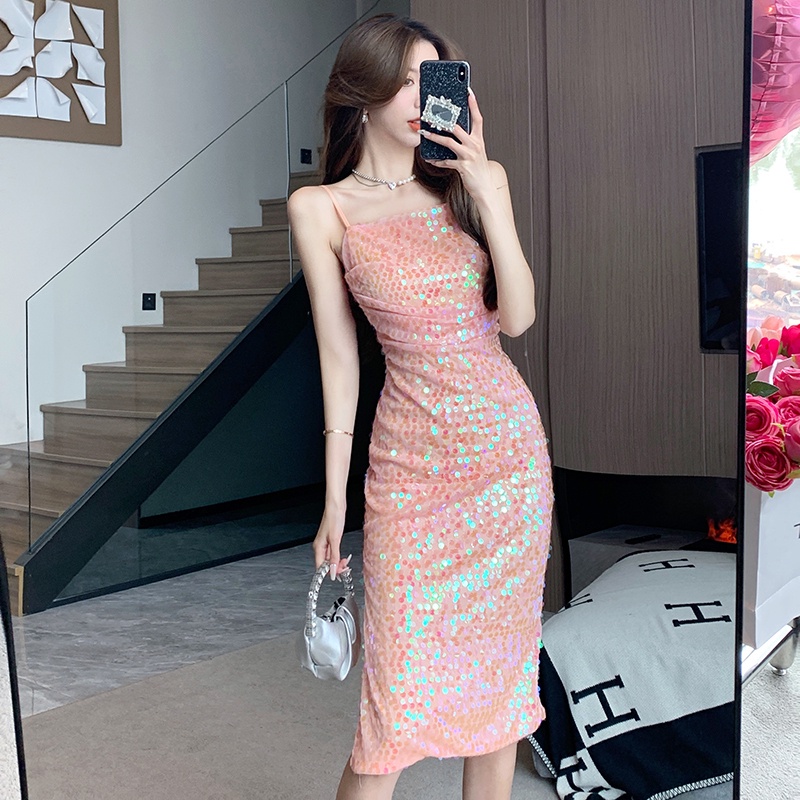 Đầm Hai Dây Không Tay Đính Kim Sa Lấp Lánh Thời Trang Cho Nữ