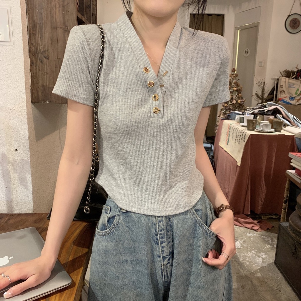 Áo Thun Ngắn Tay Cổ Chữ v Cài Nút Kim Loại Phong Cách Hàn Quốc Thời Trang Xuân Hè 62963