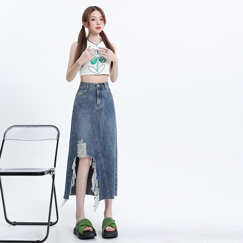 Chân Váy Denim Lưng Cao RENJIANVSHENG Thiết Kế Xẻ Rách Cá Tính