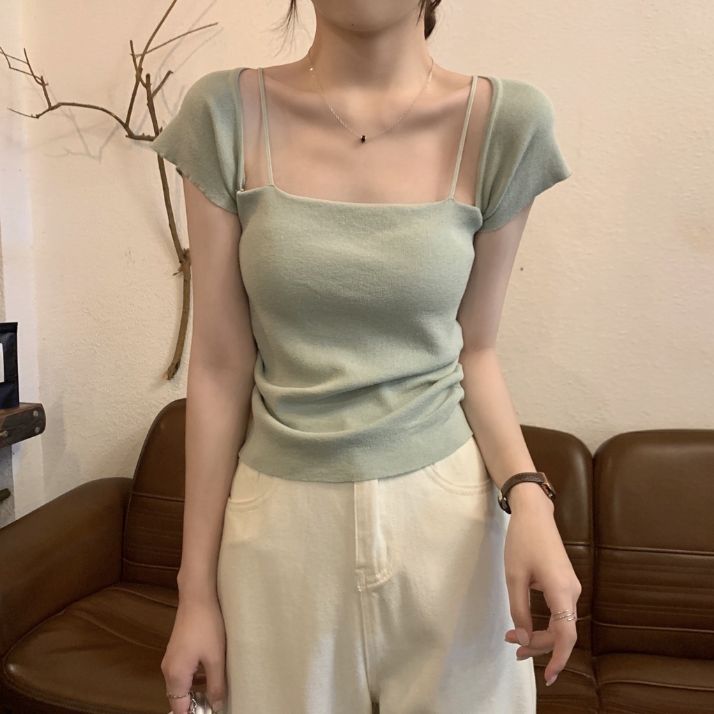 Áo Sweater Dệt Kim Cổ Vuông Xếp Ly Dáng Ôm Tay Ngắn Kiểu Hàn Quốc Thời Trang Xuân Hè 63264