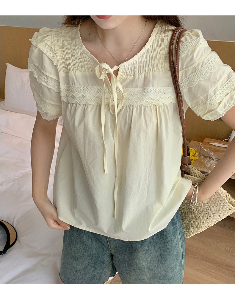 64318 Phong Cách Mới Áo Ngắn Tay Phối Ren