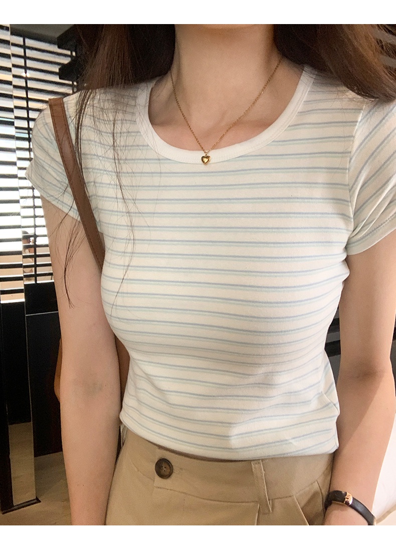 Áo Thun Kẻ Sọc Cổ Tròn Dáng Ôm Ngắn Tay Thời Trang Mùa Hè Mỹ Cá Tính 64423