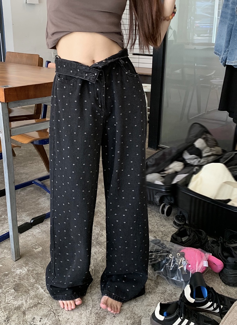Quần Denim Lưng Cao Ống Rộng In Họa Tiết Phong Cách Retro 65865 65865