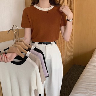Áo Thun Ngắn Tay Cổ Tròn Màu Sắc Tương Phản Thời Trang Dành Cho Nữ