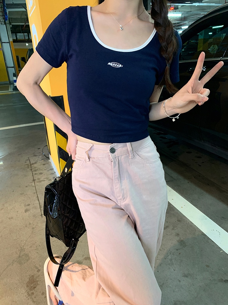 Áo Thun Dáng Ngắn In Chữ Nhỏ Phối Màu Sắc Tương Phản Thời Trang 62584