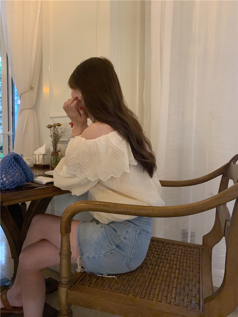 Áo Sơ Mi Ngắn Tay Cổ Phối Ren Đơn Giản Theo Phong Cách Hàn Quốc 64523