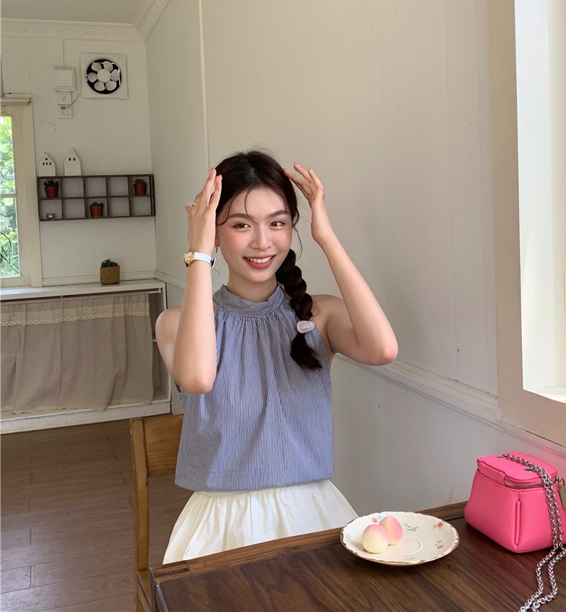 Áo Hai Dây Họa Tiết Kẻ Sọc Thắt Dây Sau Lưng Phong Cách Pháp 64735