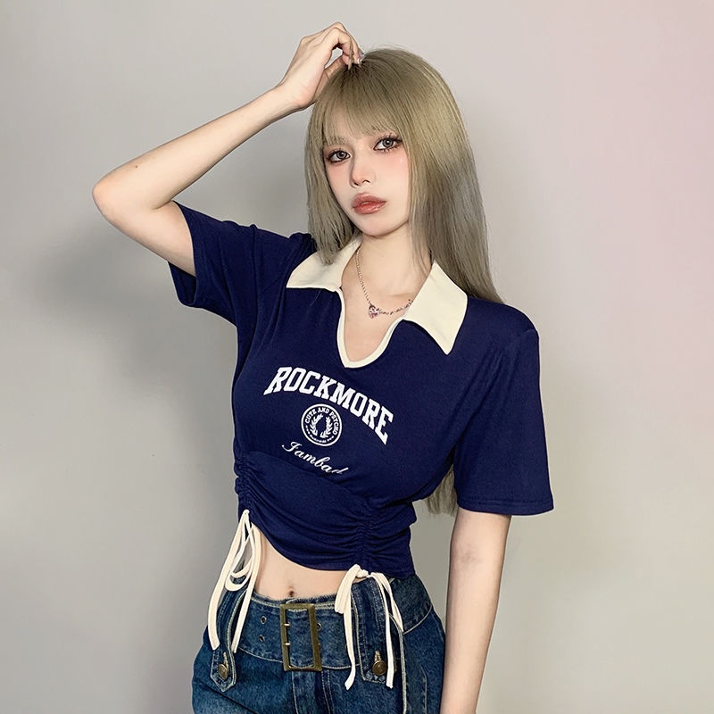 COWGIRL Áo croptop áo thun baby tee nữ âu mỹ chất cạp cao Cổ tay ngắn in họa tiết vintageJL0403