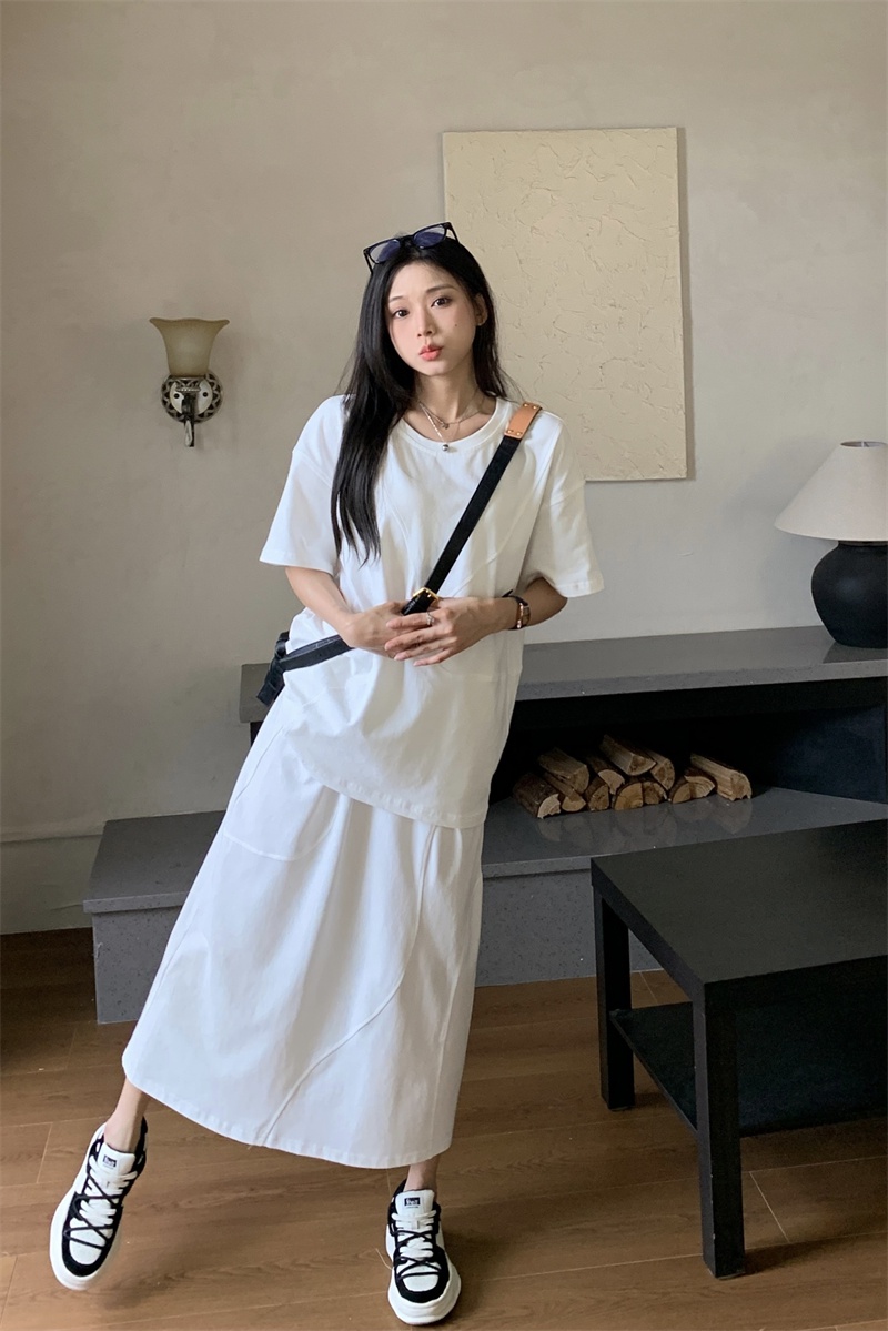 Áo Thun Trắng Ngắn Tay / Váy Rời Mùa Hè 65571