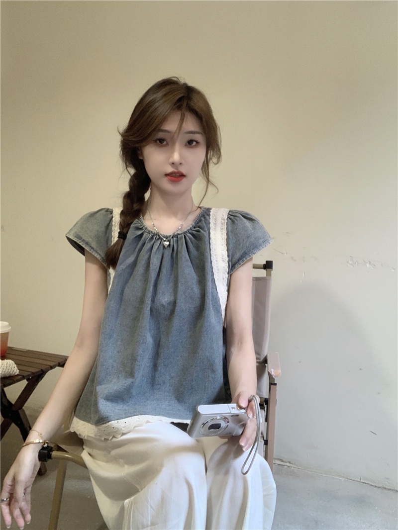 Áo Khoác Denim Sát Nách Dáng Rộng Phối Ren Thời Trang Mùa Hè Cá Tính 65662