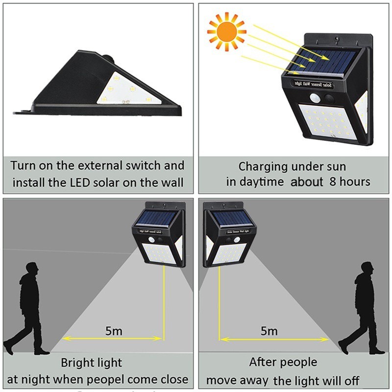Bộ Đèn LED Treo Tường Cảm Biến Chuyển Động Chống Nước IP65 140 / 100 / 40 LED Chạy Năng Lượng Mặt Trời