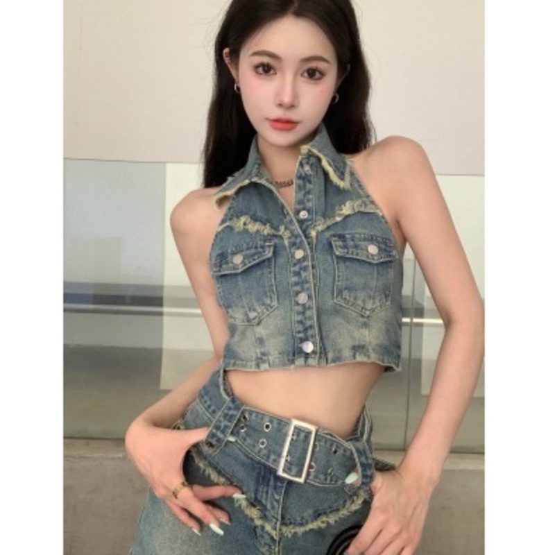 Bộ Áo Denim Không Tay + RENJIANVSHENG Chân Váy Chữ a Lưng Cao Xinh Xắn Dành Cho Nữ
