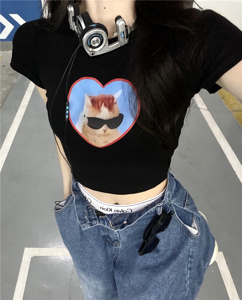 Áo Thun Dáng Dài Ngắn Tay In Hình Mèo Đáng Yêu 63401