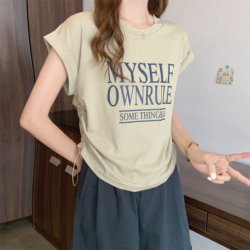 Áo Thun Cộc Tay Cổ Tròn In Chữ Mùa Hè Có Dây Rút Cho Nữ 63973