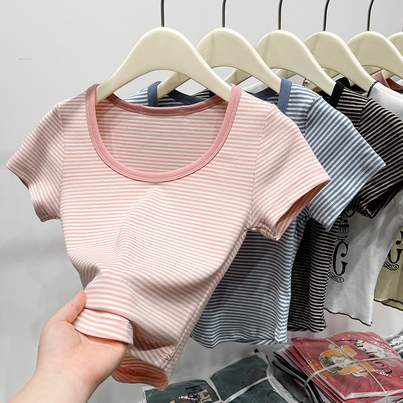Áo Thun Tay Ngắn Cổ Thấp Họa Tiết Kẻ Sọc Màu Sắc Tương Phản Thời Trang Mùa Hè 64900