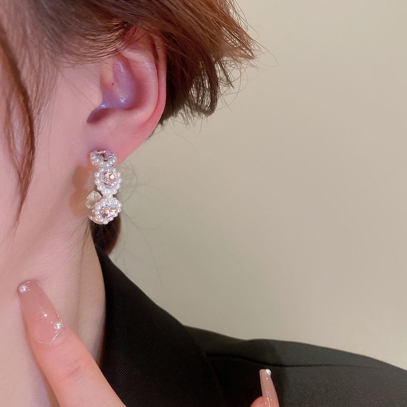 Bông Tai Hình Chữ C Đính Ngọc Trai Và Kim Cương Giả Kiểu Dáng Đơn Giản Sang Trọng Cho Nữ