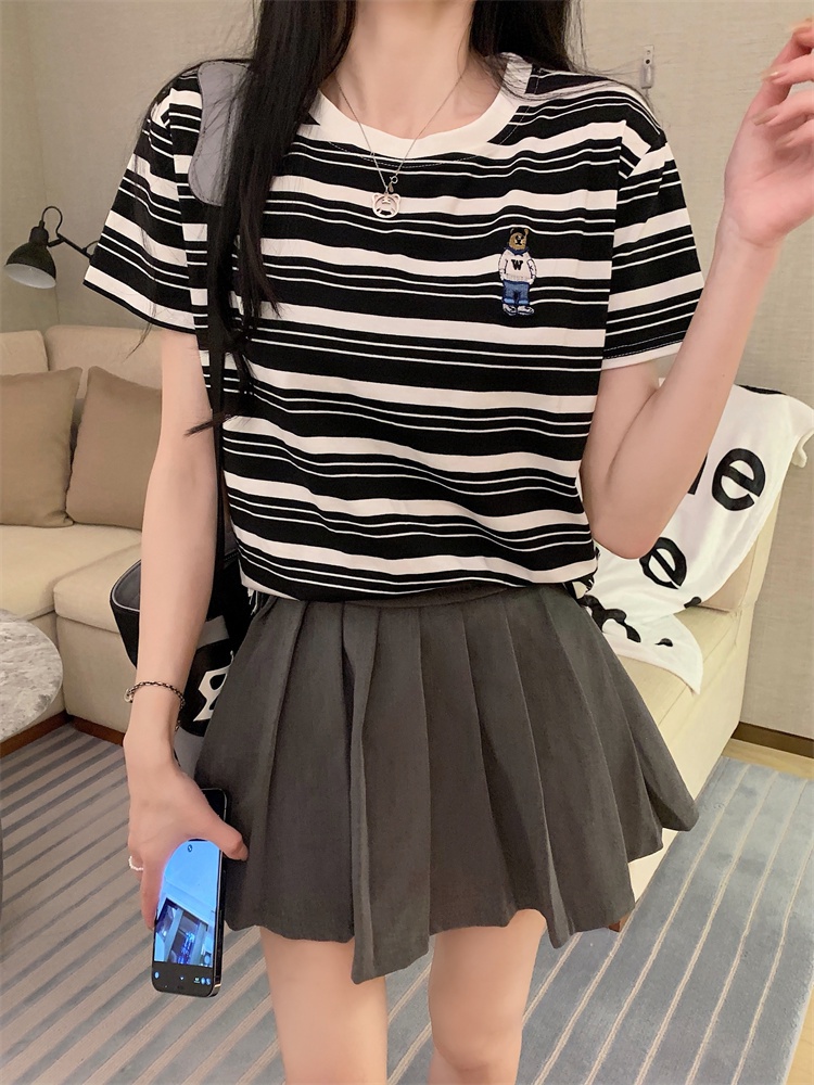 Áo Thun Tay Ngắn Sọc Ngang Thêu Hình Gấu Plus Size 64374