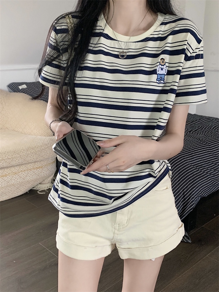 Áo Thun Tay Ngắn Sọc Ngang Thêu Hình Gấu Plus Size 64374