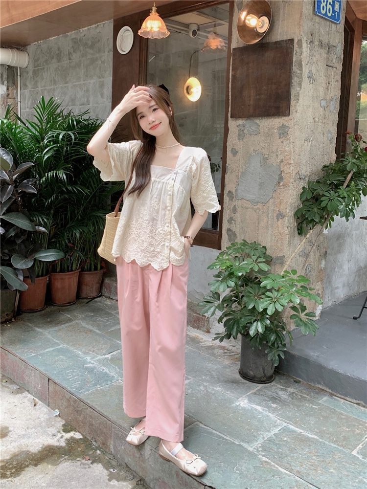 Bộ Áo Ren Cổ Vuông + Quần Ống Rộng Xinh Xắn Theo Phong Cách Hàn Quốc 64916