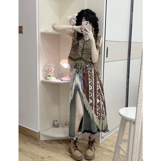 Set 3 Mảnh Thời Trang Nữ Phá Cách Mùa Hè Mới Gồm Áo Gile Đan Bohemian Mix Chân Váy Jean Phối Tạp Dề Xẻ Tà