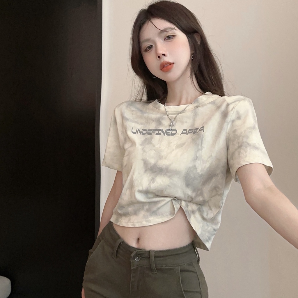 Áo Thun Ngắn Tay Dáng Rộng In Chữ Phối Màu Nhuộm Cá Tính