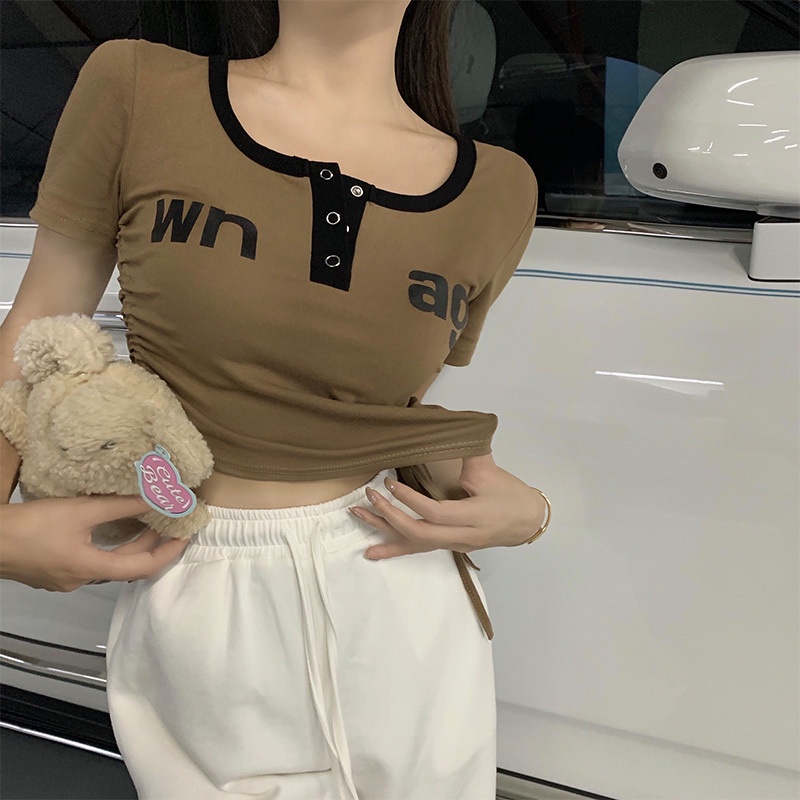 Áo Thun Tay Ngắn Phối Dây Rút Và Thẻ Thiết Kế Độc Đáo Thời Trang Cá Tính Cho Nữ