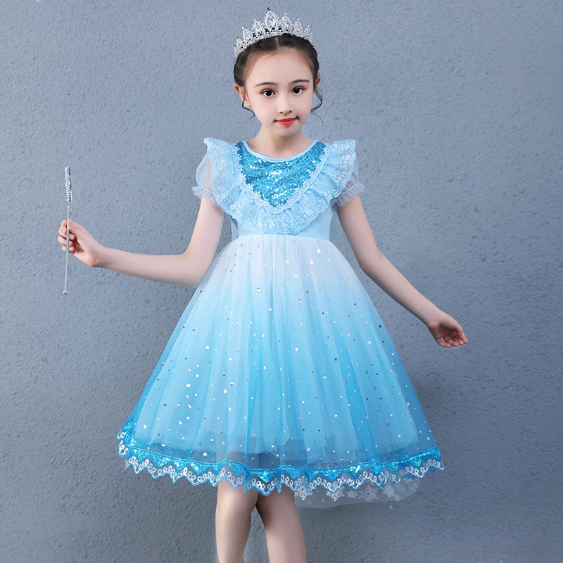 Đầm Công Chúa Elsa Tay Ngắn Phối Lưới Màu Gradient Xanh Dương / Trắng Thời Trang Cho Bé Gái