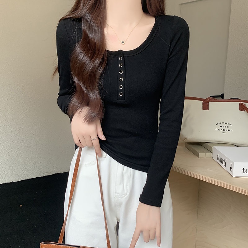 Áo Thun cotton Cổ Chữ u Tay Dài Thời Trang Mùa Thu 67230