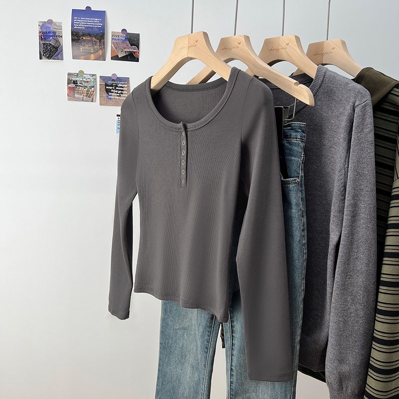 Áo Thun cotton Cổ Chữ u Tay Dài Thời Trang Mùa Thu 67230