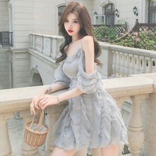 Váy Hở Vai Cổ Chữ Nhất, Váy Lụa Trắng Siêu Tiên, Váy Tiên Nữ, Váy Ngắn Thắt Lưng, Váy Bánh Ngọt.