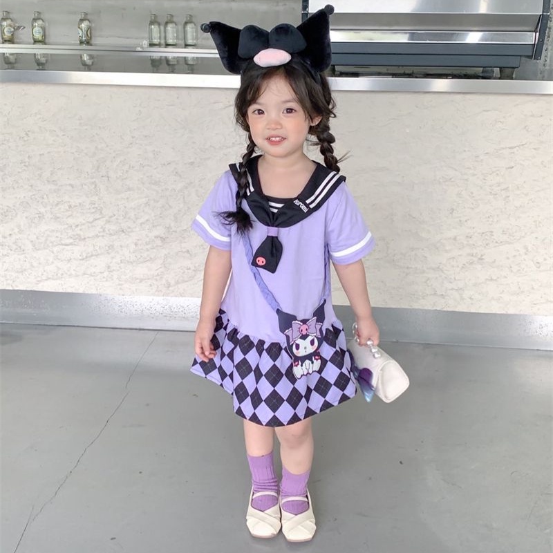 Sanrio Đầm Ngắn Tay Màu Tím Cổ Thủy Thủ Phong Cách kuromi Cho Bé Gái