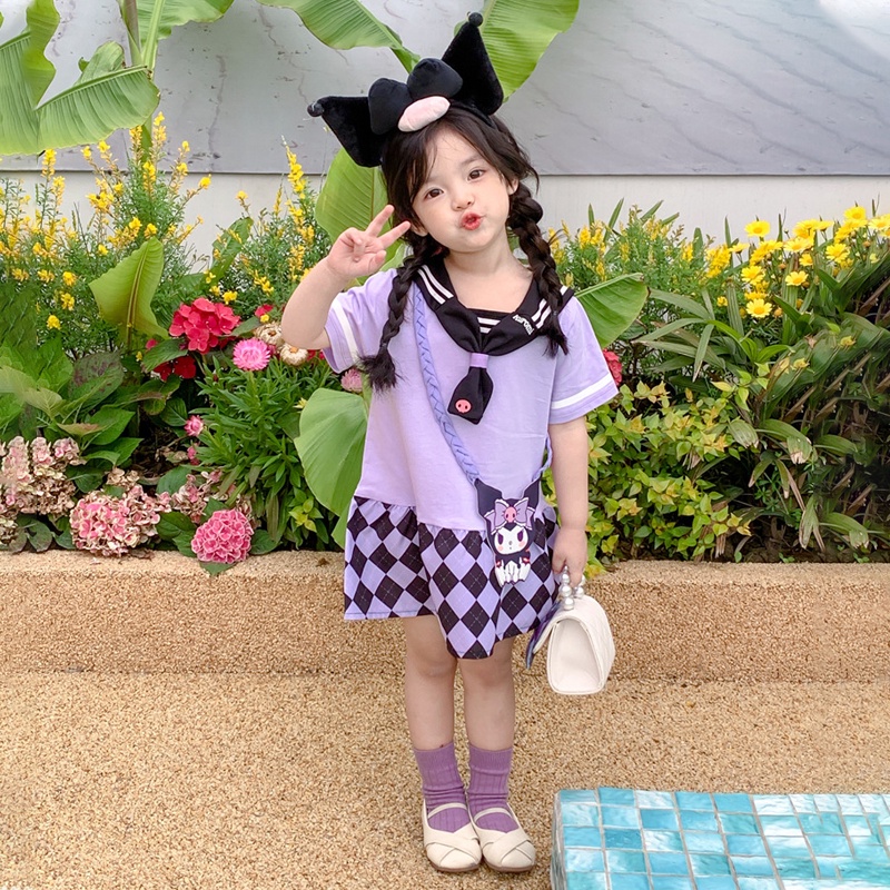 Sanrio Đầm Ngắn Tay Màu Tím Cổ Thủy Thủ Phong Cách kuromi Cho Bé Gái