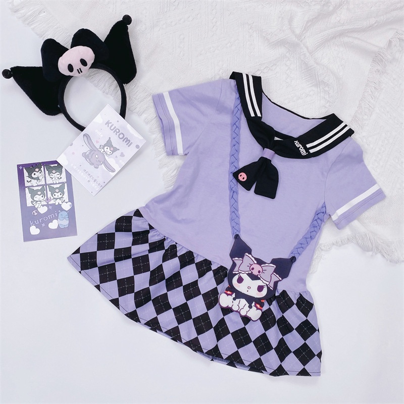 Sanrio Đầm Ngắn Tay Màu Tím Cổ Thủy Thủ Phong Cách kuromi Cho Bé Gái